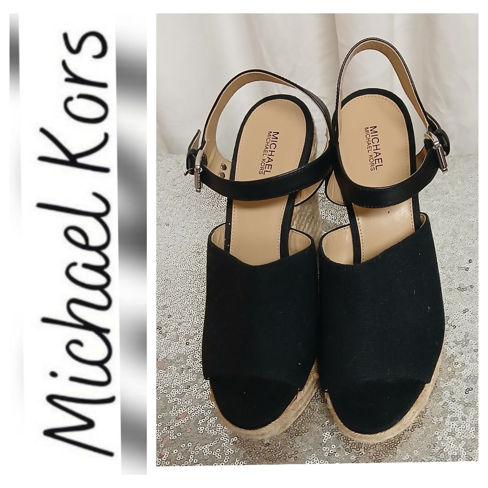MICHAEL Michael Kors Black Suede Espadrille Wedge Sandals - Picture 2 of 16